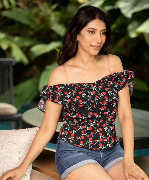 Off-Shoulder Frilled Printed Casual Top